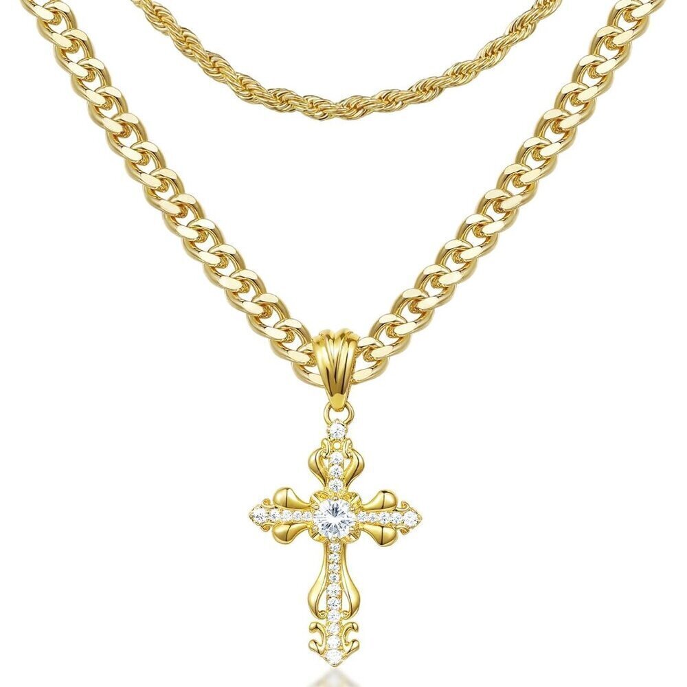 Layered Cross Necklace 14K Gold Plated Cubic Zirconia Faith Jewelry Gifts